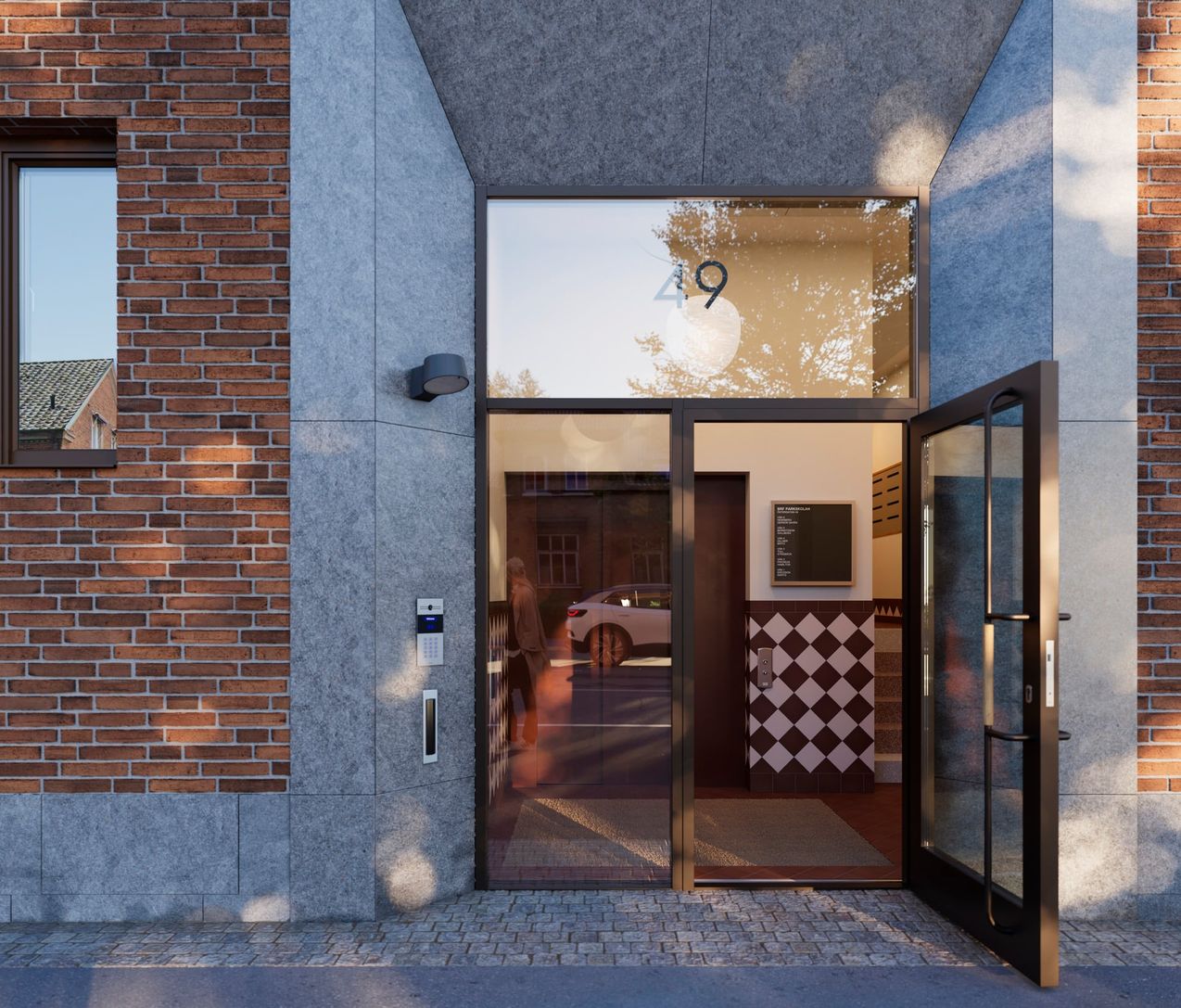 Exteriör över Granitor Properties bostäder i Brf Parkskolan i Ängelholm