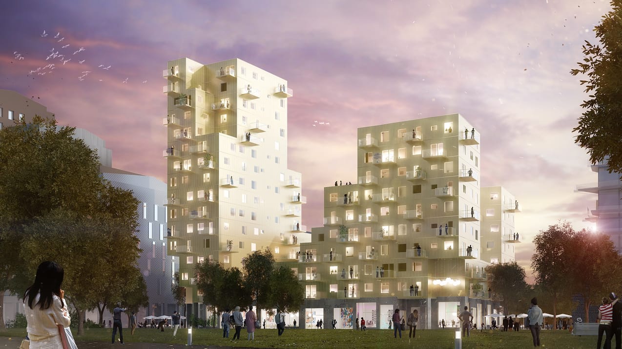 Översiktsbild över Granitor Properties bostäder Kvarteret Superblock på Årstafältet i Stockholm