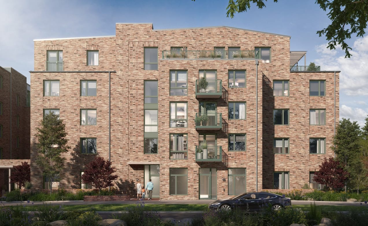 Exteriör över Granitor Properties bostäder i Brf Parkskolan i Ängelholm