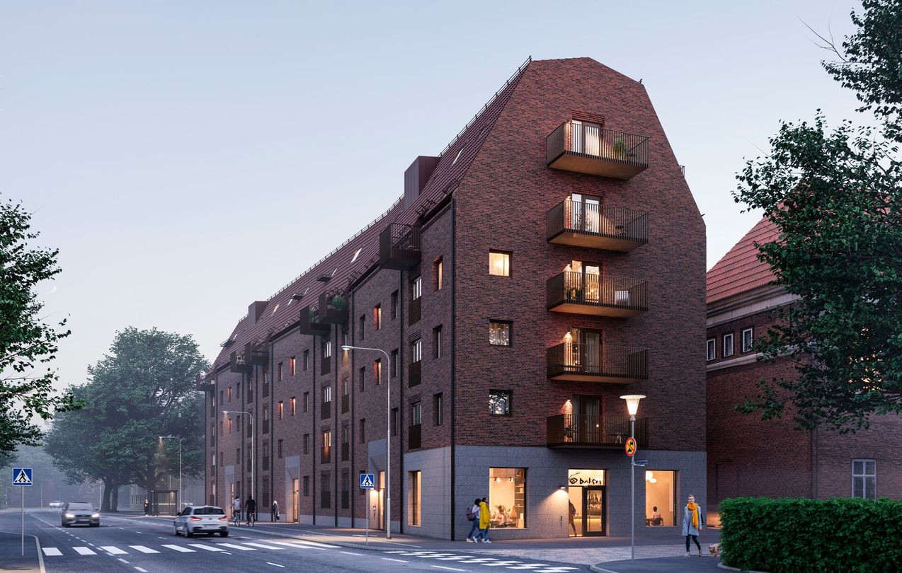 Exteriör över Granitor Properties bostäder i Brf Parkskolan i Ängelholm