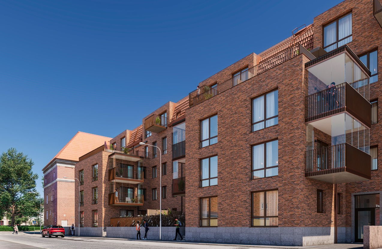 Exteriör över Granitor Properties bostäder i Brf Parkskolan i Ängelholm
