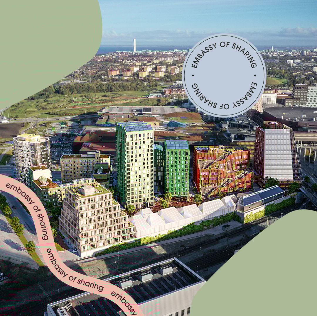 Flygbild över Hyllie med kvarteret Embassy of Sharing i fokus