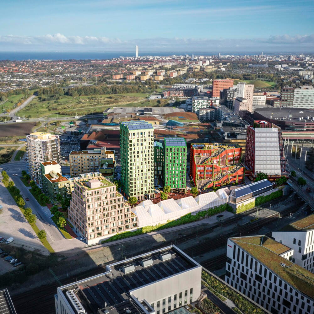 Visionsbild över de sju fastigheterna i Embassy of Sharing i Hyllie i Malmö
