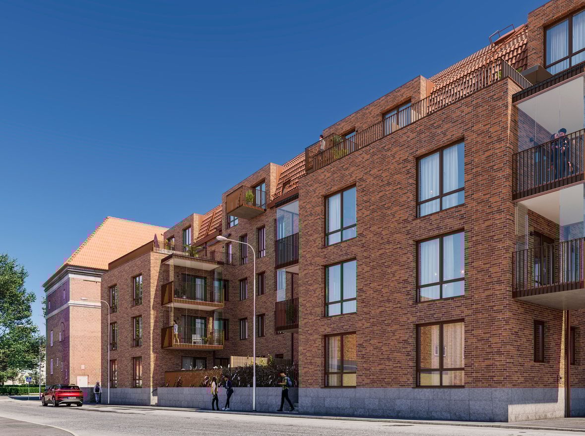 Exteriör över Granitor Properties bostäder Brf Parkskolan i Ängelholm