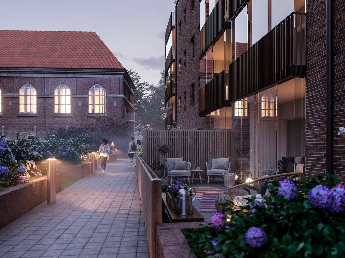 Exteriör över Granitor Properties bostäder Brf Parkskolan i Ängelholm