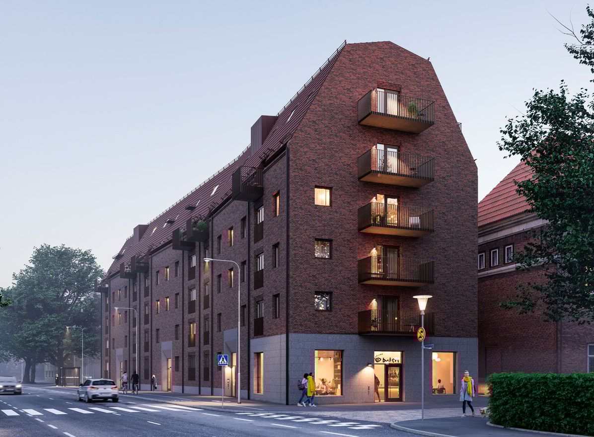 Exteriör över Granitor Properties bostäder Brf Parkskolan i Ängelholm