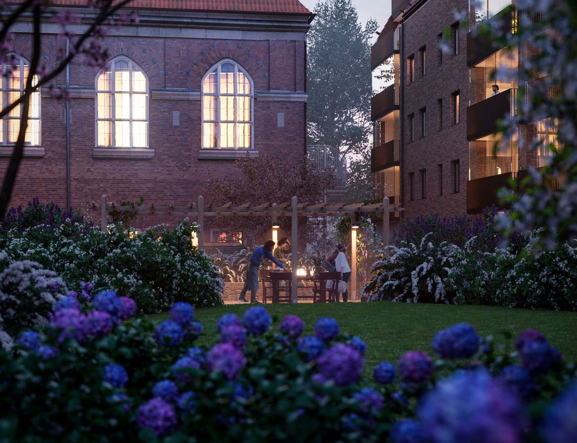 Innergård i Granitor Properties bostäder Brf Parkskolan i Ängelholm