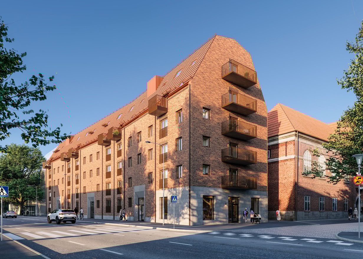 Exteriör över Granitor Properties bostäder Brf Parkskolan i Ängelholm
