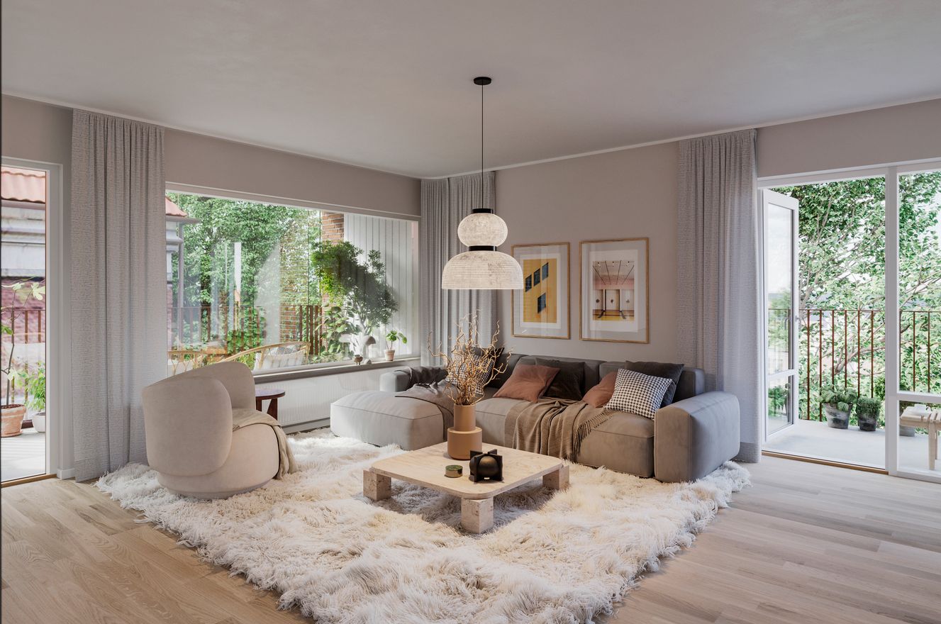 Vardagsrum i Granitor Properties bostäder Brf Parkskolan i Ängelholm