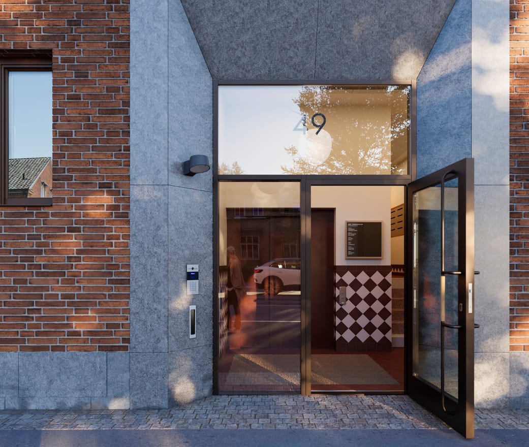 Exteriör över Granitor Properties bostäder Brf Parkskolan i Ängelholm