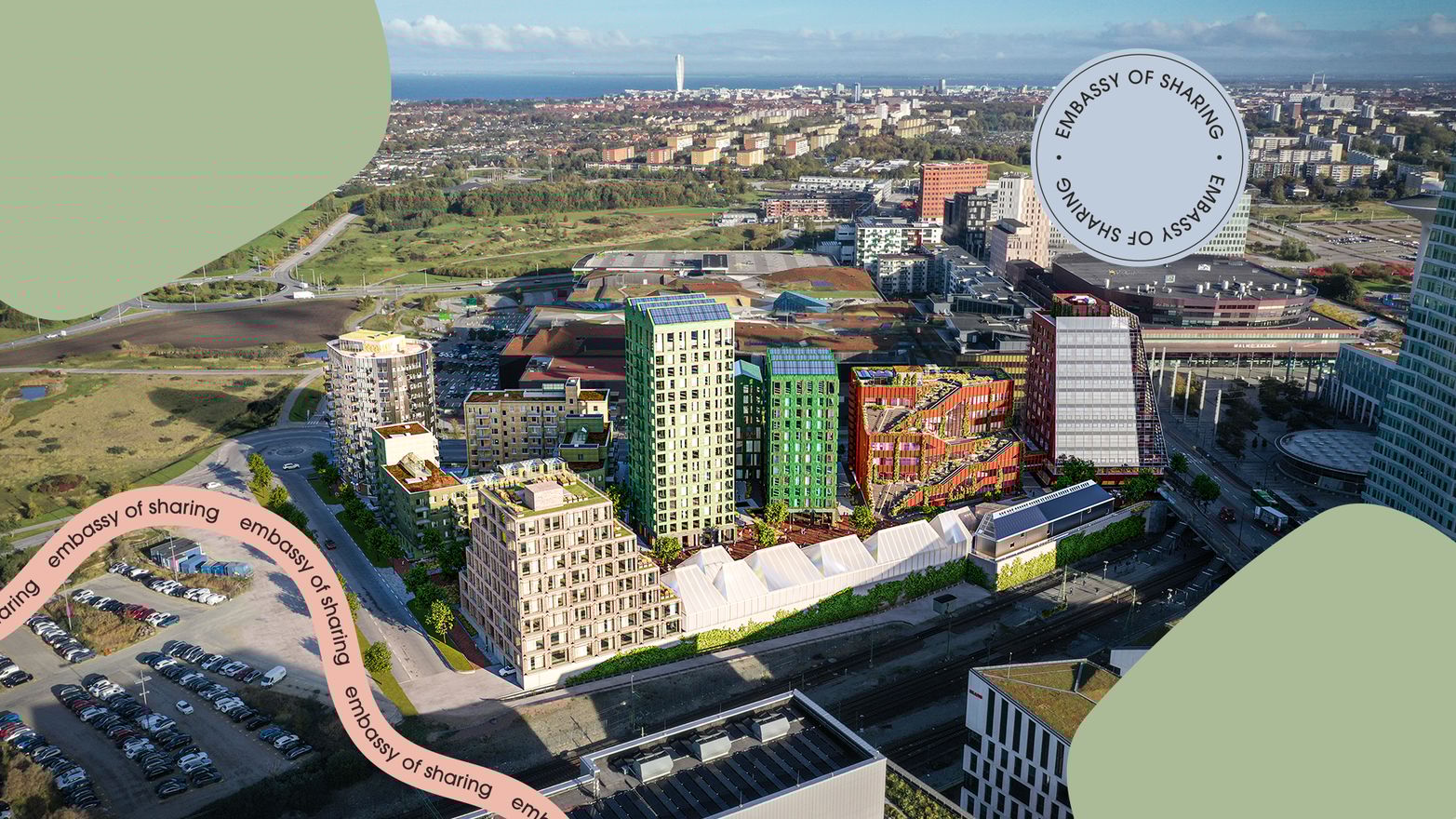Flygbild över Hyllie med kvarteret Embassy of Sharing i fokus