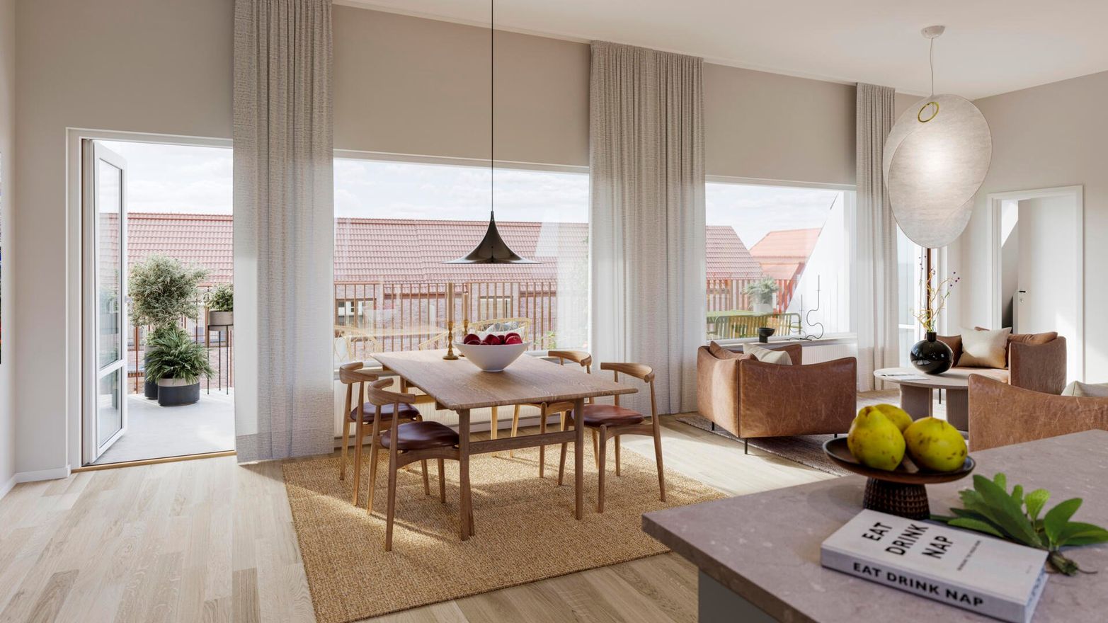 Vardagsrum i Granitor Properties bostäder Brf Parkskolan i Ängelholm