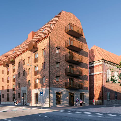 Exteriör över Granitor Properties bostäder i Brf Parkskolan i Ängelholm