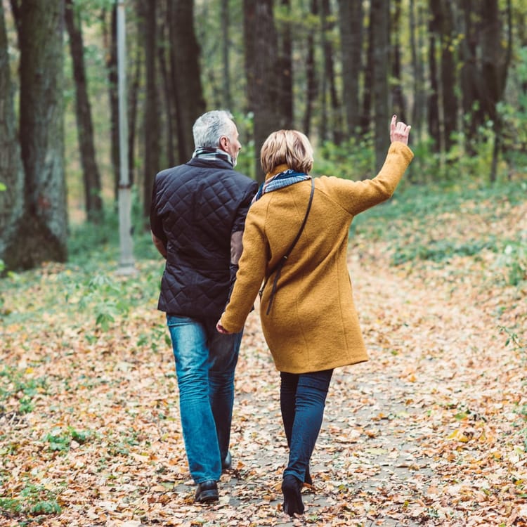 Äldre par som promenerar i höstskogen